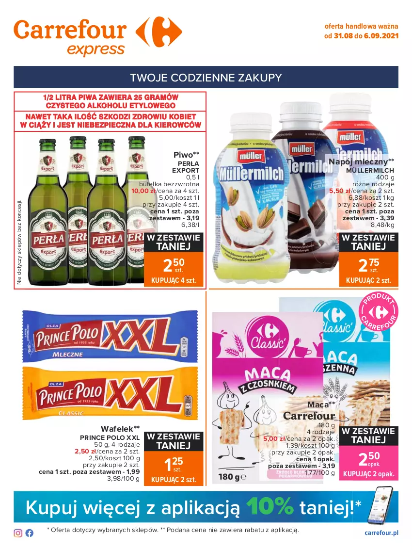 Gazetka promocyjna Carrefour - Gazetka Express - ważna 30.08 do 06.09.2021 - strona 1 - produkty: Gra, Kosz, Müller, Müllermilch, Napój, Napój mleczny, Perła, Piec, Piwa, Piwo, Por, Prince Polo, Wafelek