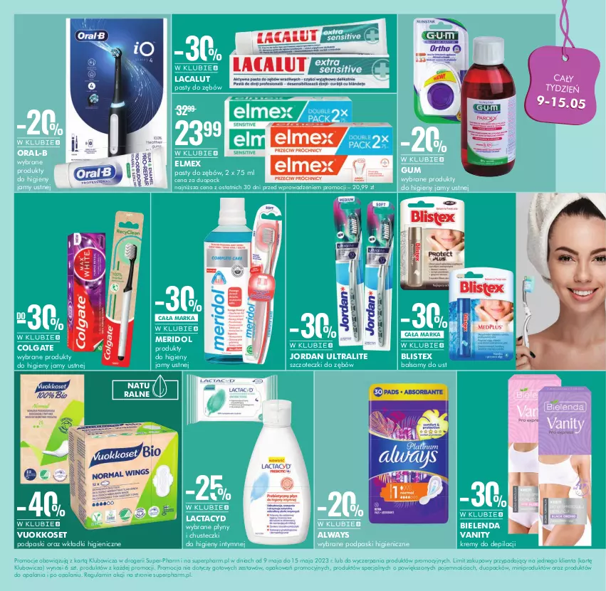 Gazetka promocyjna Super Pharm - Gazetka - ważna 09.05 do 15.05.2023 - strona 9 - produkty: Always, Bielenda, Chusteczki, Chusteczki do higieny, Colgate, Elmex, Lacalut, Lactacyd, LG, Podpaski, Wkładki