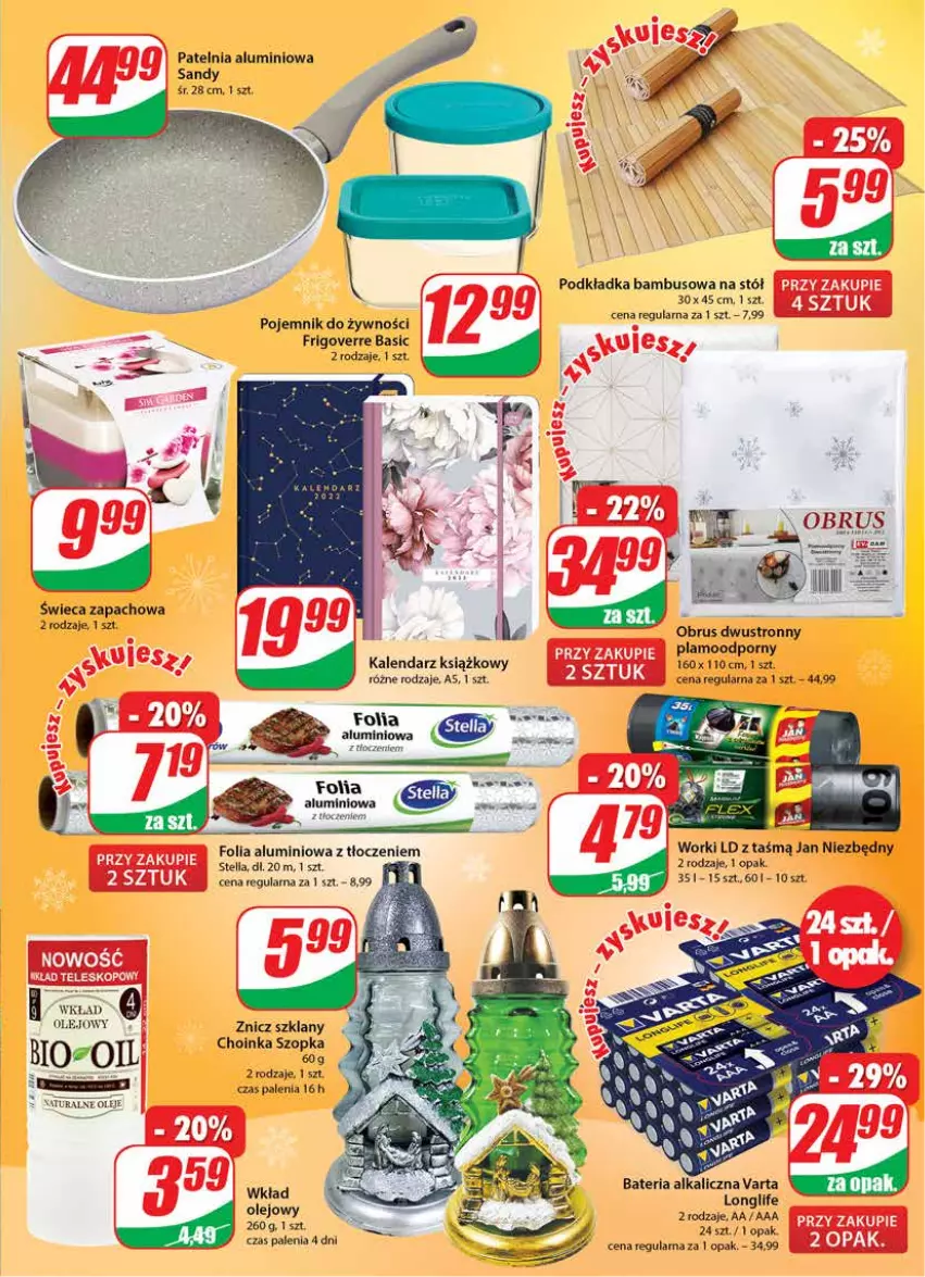 Gazetka promocyjna Dino - Gazetka - ważna 01.12 do 07.12.2021 - strona 21 - produkty: Bateria, Choinka, Fa, Folia aluminiowa, Inka, Jan Niezbędny, Kalendarz, Obrus, Olej, Patelnia, Podkład, Podkładka, Pojemnik, Por, Stół, Varta, Wkład olejowy, Znicz