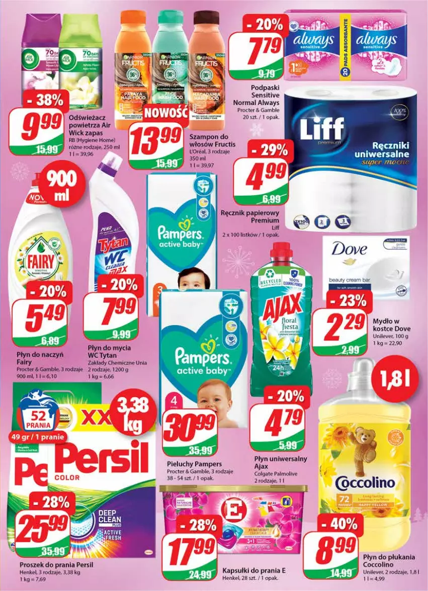 Gazetka promocyjna Dino - Gazetka - ważna 01.12 do 07.12.2021 - strona 23 - produkty: Air Wick, Ajax, Always, Coccolino, Colgate, Dove, Fa, Fairy, Flora, Fructis, Kapsułki do prania, LG, Mydło, Odświeżacz powietrza, Palmolive, Pampers, Papier, Persil, Pieluchy, Płyn do mycia, Płyn do płukania, Podpaski, Proszek do prania, Ręcznik, Szampon, Tytan