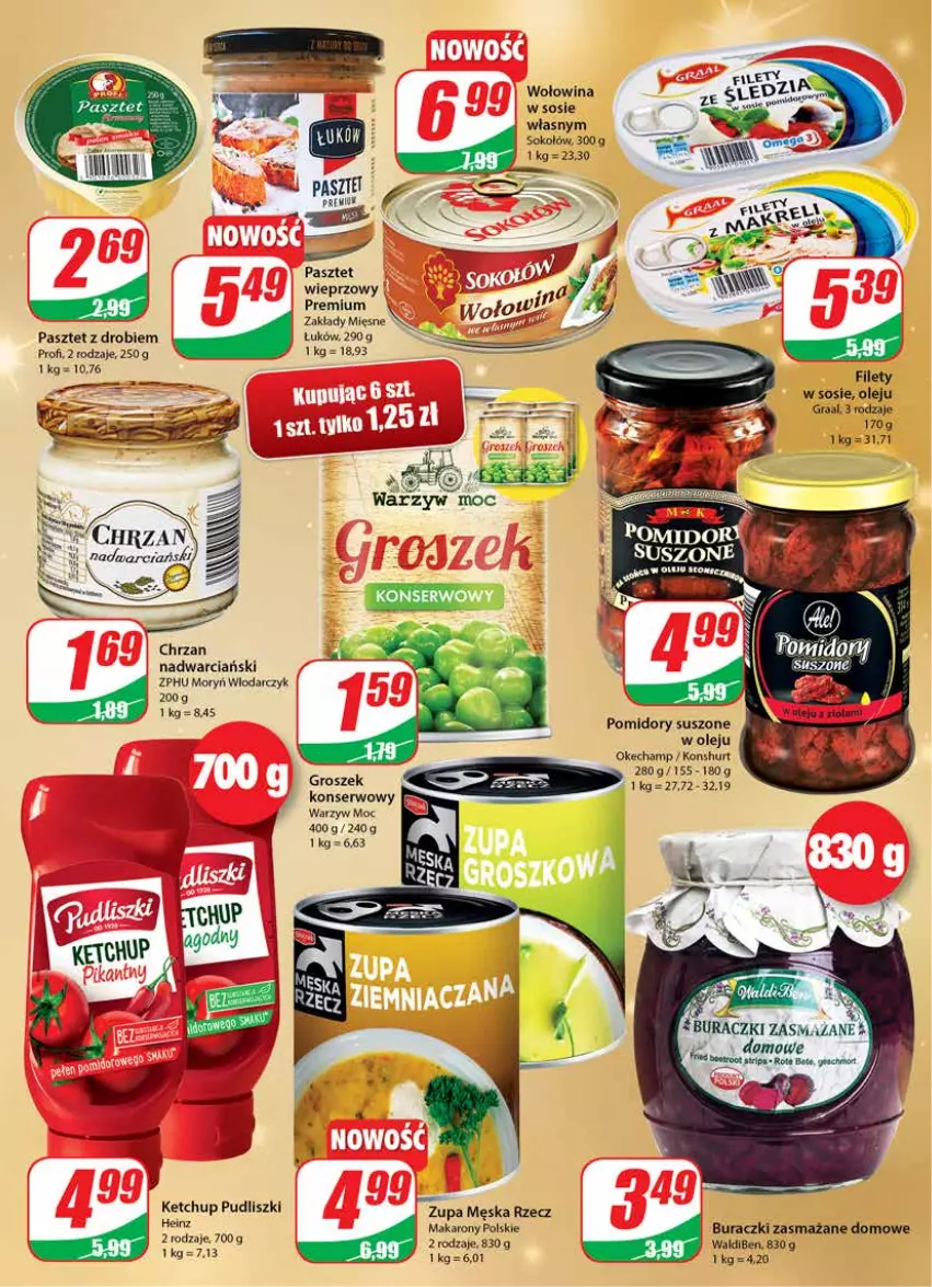 Gazetka promocyjna Dino - Gazetka - ważna 01.12 do 07.12.2021 - strona 9 - produkty: Buraczki, Chrzan, Gra, Graal, Groszek, Heinz, Ketchup, Makaron, Olej, Pasztet, Pomidory, Pudliszki, Ser, Sok, Sokołów, Sos, Wołowina, Zupa