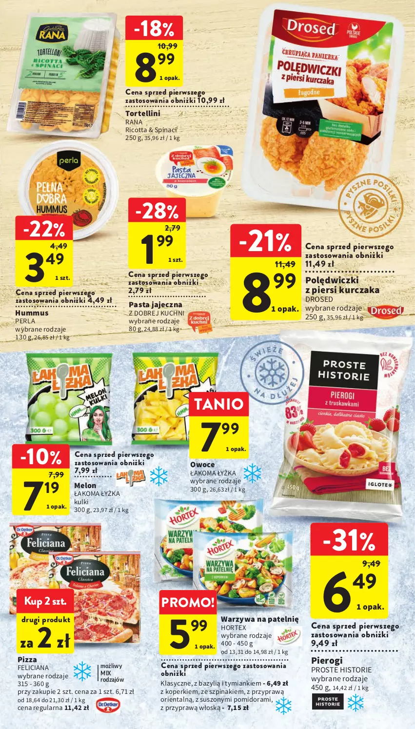 Gazetka promocyjna Intermarche - Gazetka Intermarche - ważna 13.07 do 19.07.2023 - strona 17 - produkty: Bazyl, Feliciana, Hortex, Hummus, Kurczak, Melon, Mus, Owoce, Pierogi, Pizza, Ricotta, Szpinak, Warzywa