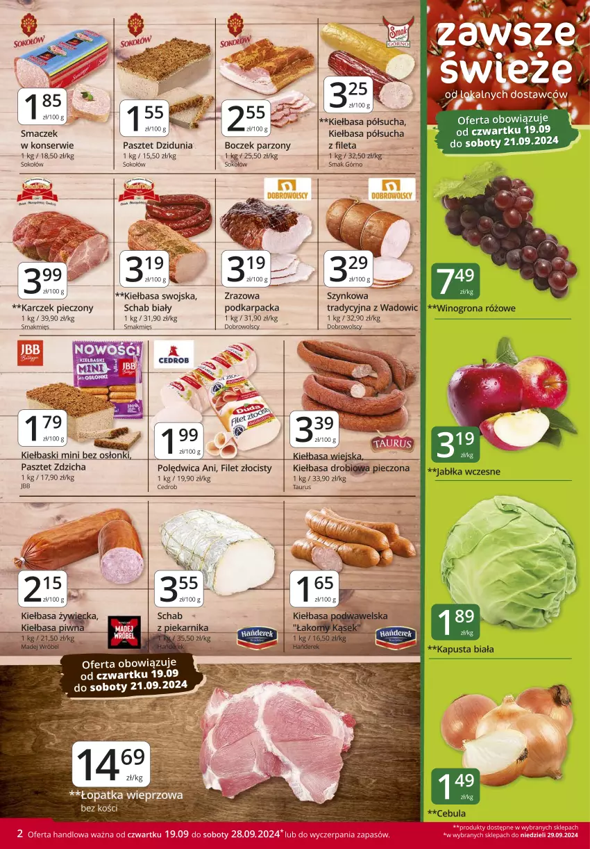 Gazetka promocyjna Market Vita - Gazetka – Marketvita - ważna 19.09 do 28.09.2024 - strona 2 - produkty: Boczek, Cebula, Filet Złocisty, Jabłka, Karp, Kiełbasa, Kiełbasa wiejska, Pasztet, Piec, Piekarnik, Polędwica, Ser, Sok, Sokołów, Wino, Winogrona