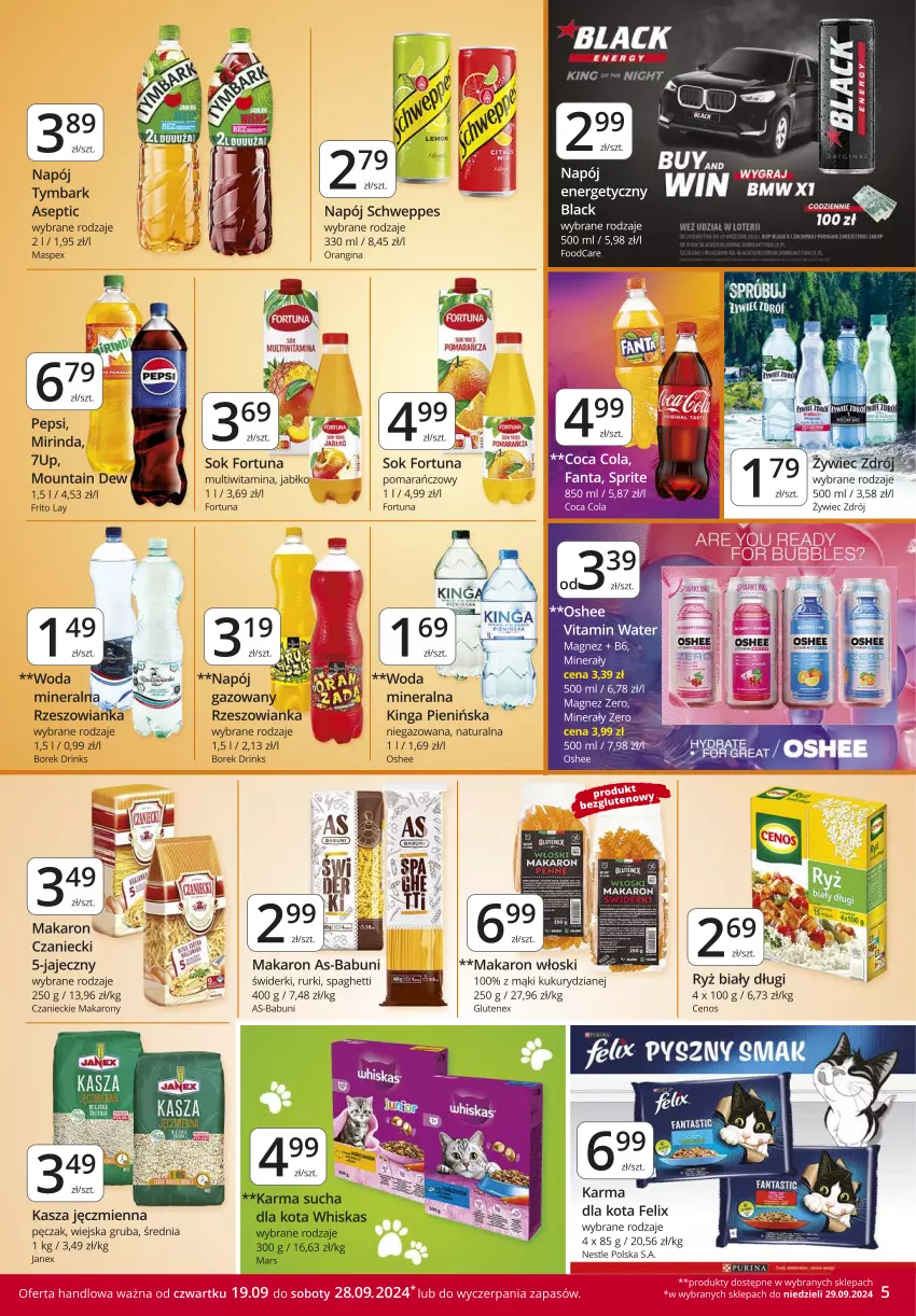 Gazetka promocyjna Market Vita - Gazetka – Marketvita - ważna 19.09 do 28.09.2024 - strona 5 - produkty: 7up, Babuni, Cenos, Fa, Felix, Fortuna, Gin, Kasza, Kasza jęczmienna, Lack, Magnez, Makaron, Mirinda, Napój, Oshee, Rurki, Ryż, Ryż biały, Schweppes, Sok, Spaghetti, Tenex, Tymbark