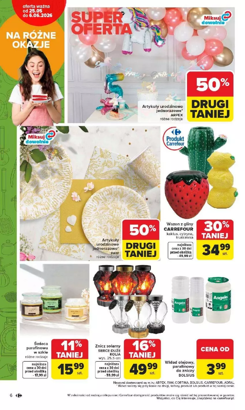 Gazetka promocyjna Carrefour - Gazetka Łap super okazje od poniedziałku! - ważna 25.05 do 06.06.2026 - strona 6 - produkty: Bols, Bolsius, Fa, Kaktus, Olej, Por, Ser, Wazon, Wkład olejowy, Znicz