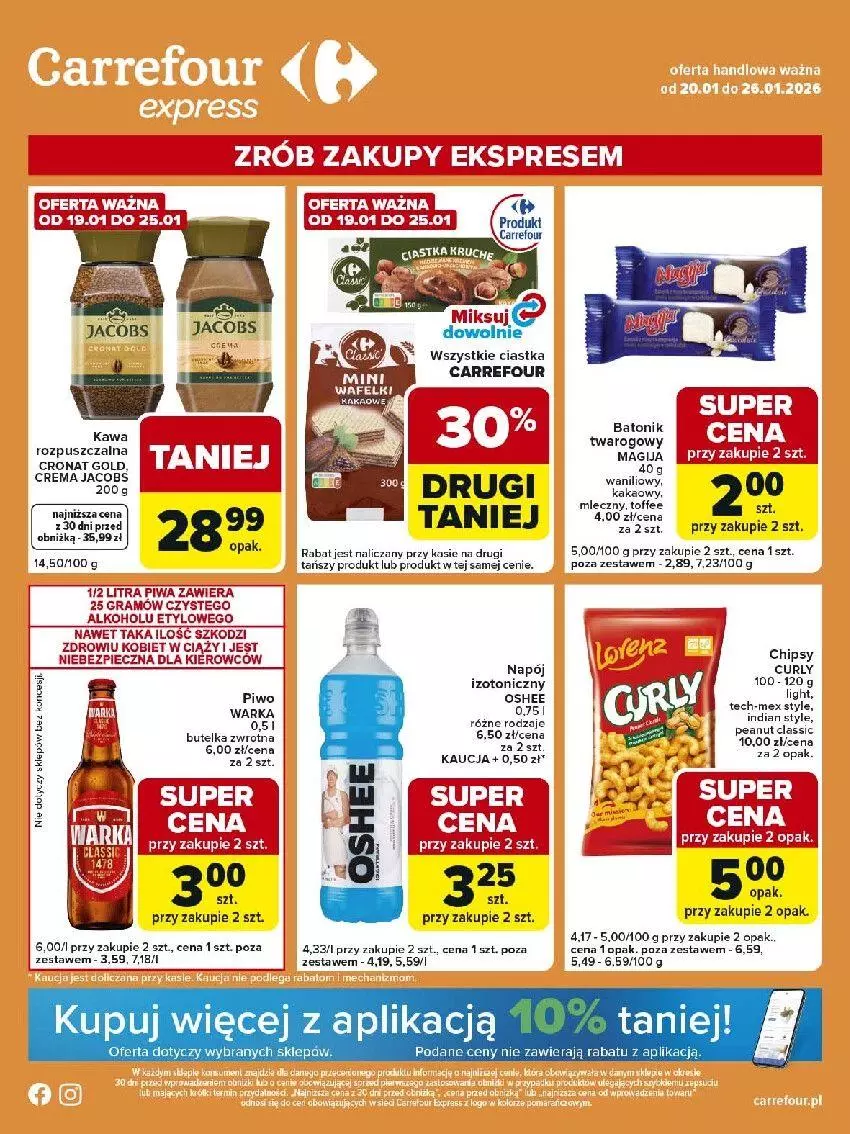 Gazetka promocyjna Carrefour - Gazetka Express - ważna 20.01 do 26.01.2026 - strona 1 - produkty: Baton, Chipsy, Ciastka, Feta, Gra, Jacobs, Kakao, Kawa, Kawa rozpuszczalna, Oshee, Piec, Piwa, Piwo, Por, Tonik, Warka
