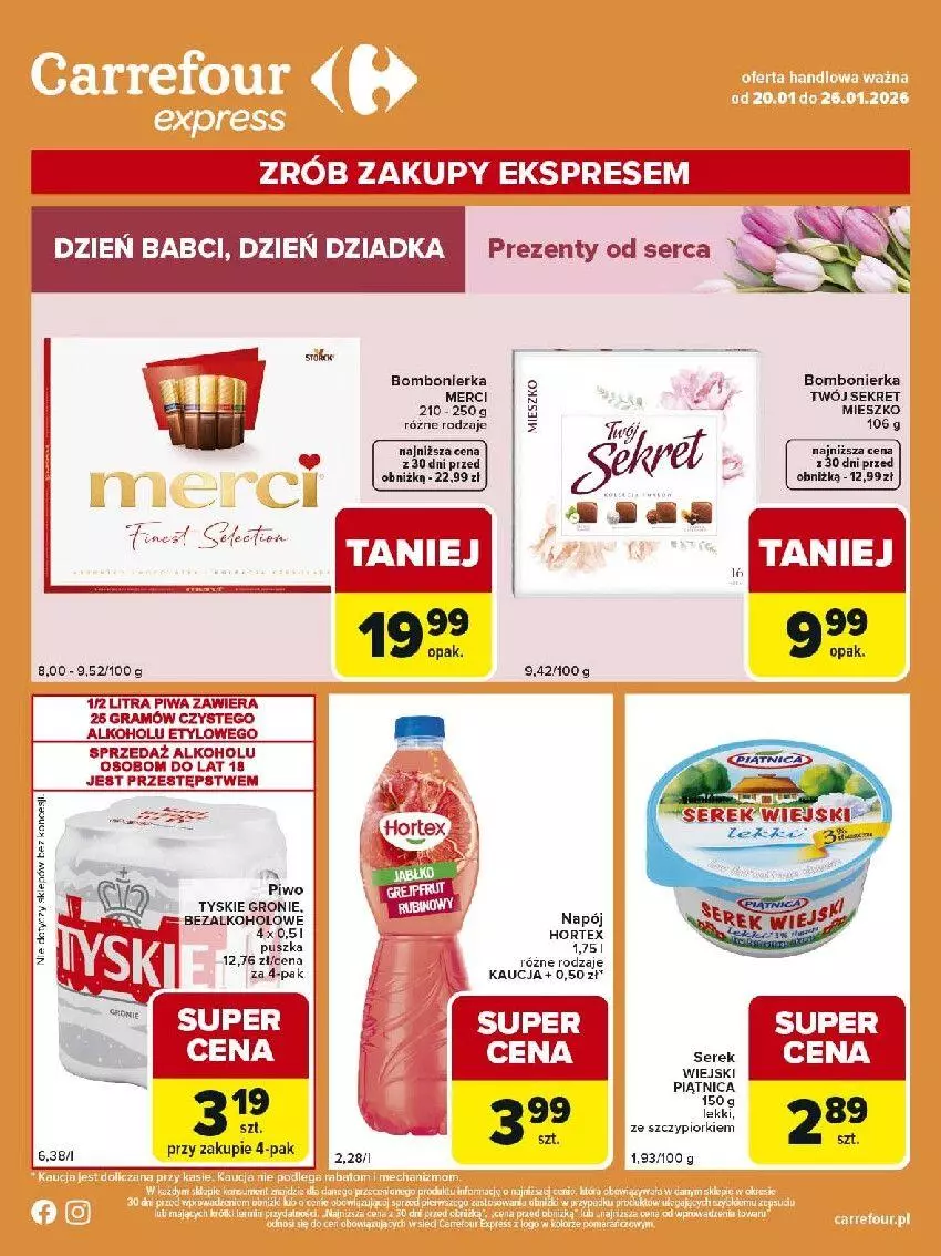 Gazetka promocyjna Carrefour - Gazetka Express - ważna 20.01 do 26.01.2026 - strona 2 - produkty: Fa, Gra, Hortex, Kret, Merci, Napój, Piątnica, Piwa, Piwo, Ser, Serek, Serek wiejski, Sos, Tyskie