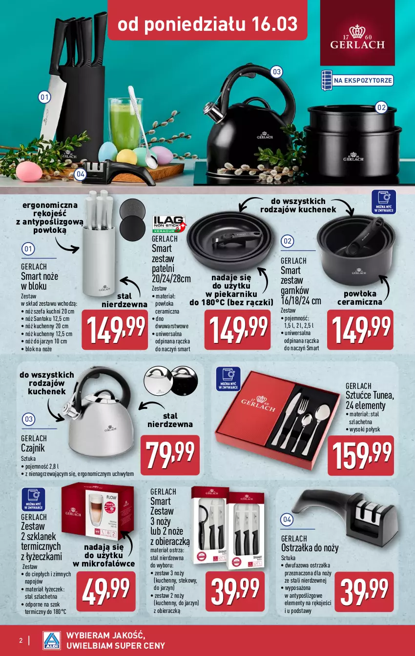 Gazetka promocyjna Aldi - Artykuły przemysłowe i tekstylia - ważna 18.03 do 21.03.2026 - strona 2 - produkty: Blok na noże, Czajnik, Fa, Noż, Nóż szefa kuchni, Ostrzałka do noży, Piekarnik, Por, Sok, Stek