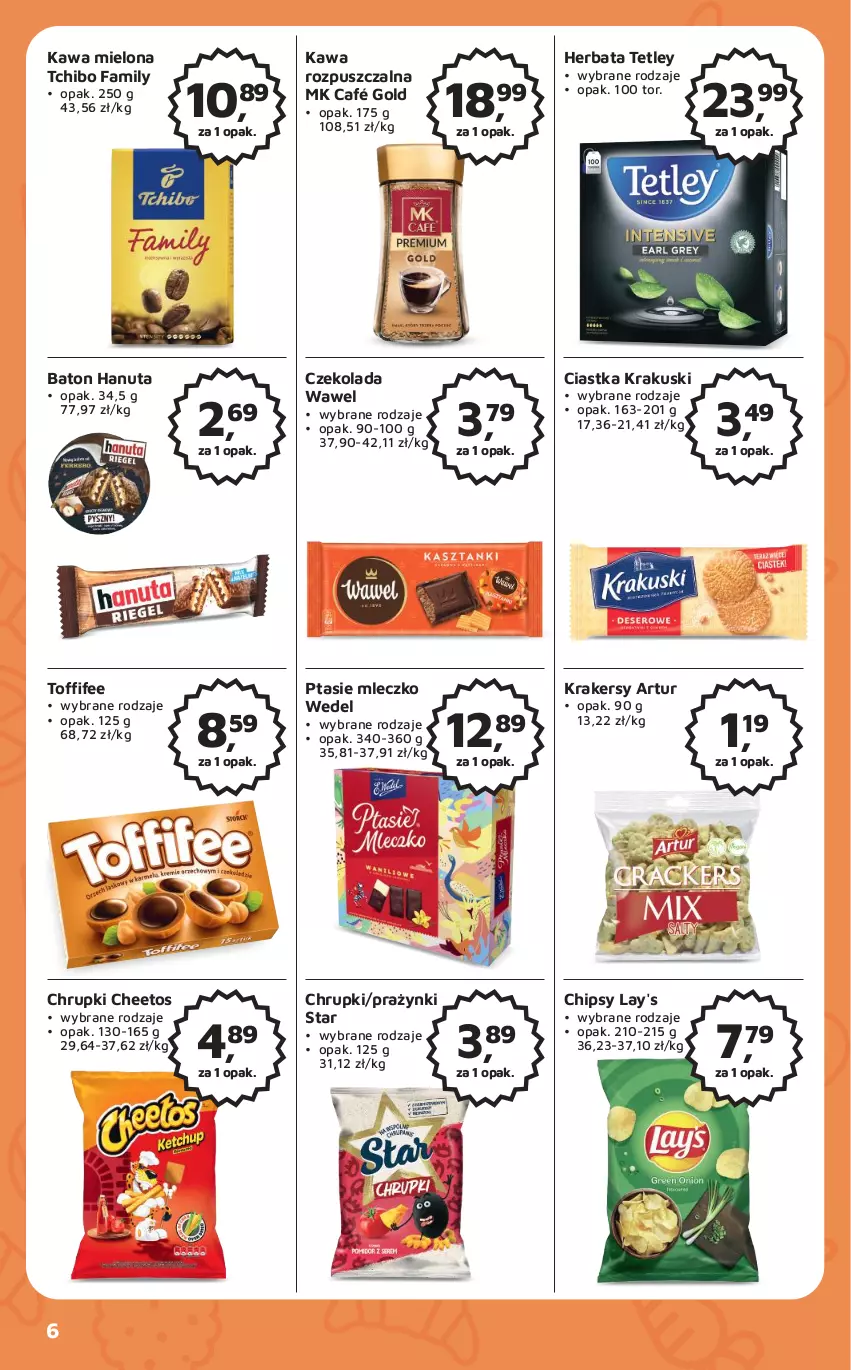 Gazetka promocyjna Odido - Gazetka - ważna 07.04 do 20.04.2023 - strona 6 - produkty: Artur, Baton, Cheetos, Chipsy, Chrupki, Ciastka, Czekolada, Fa, Herbata, Kawa, Kawa mielona, Kawa rozpuszczalna, Krakersy, Krakus, Krakuski, Mleczko, Ptasie mleczko, Tchibo, Tchibo Family, Tetley, Toffifee, Wawel