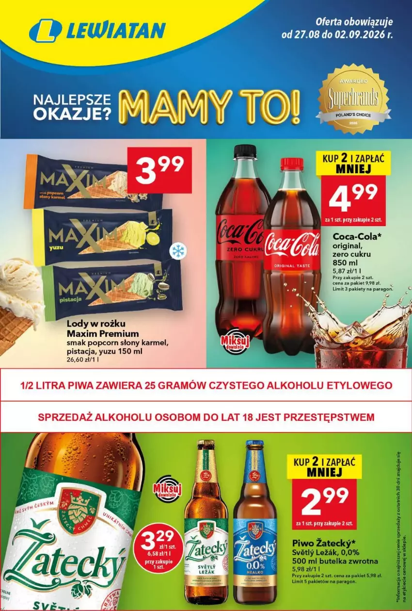Gazetka promocyjna Lewiatan - Gazetka ogólnopolska - ważna 27.07 do 02.08.2026 - strona 1 - produkty: Coca-Cola, Gin, Lody, Popcorn