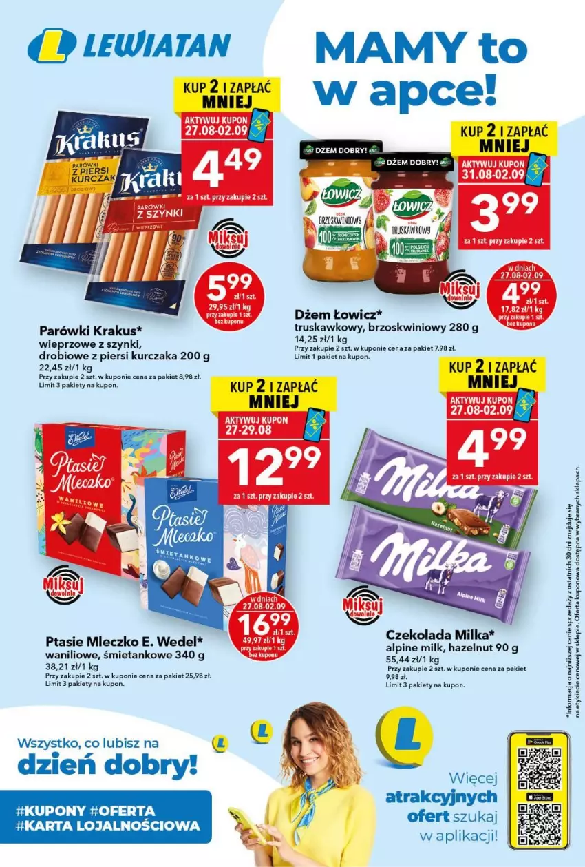 Gazetka promocyjna Lewiatan - Gazetka ogólnopolska - ważna 27.07 do 02.08.2026 - strona 2 - produkty: Czekolada, Dżem, E. Wedel, Krakus, Kurczak, Milka, Mleczko, Parówki, Ptasie mleczko