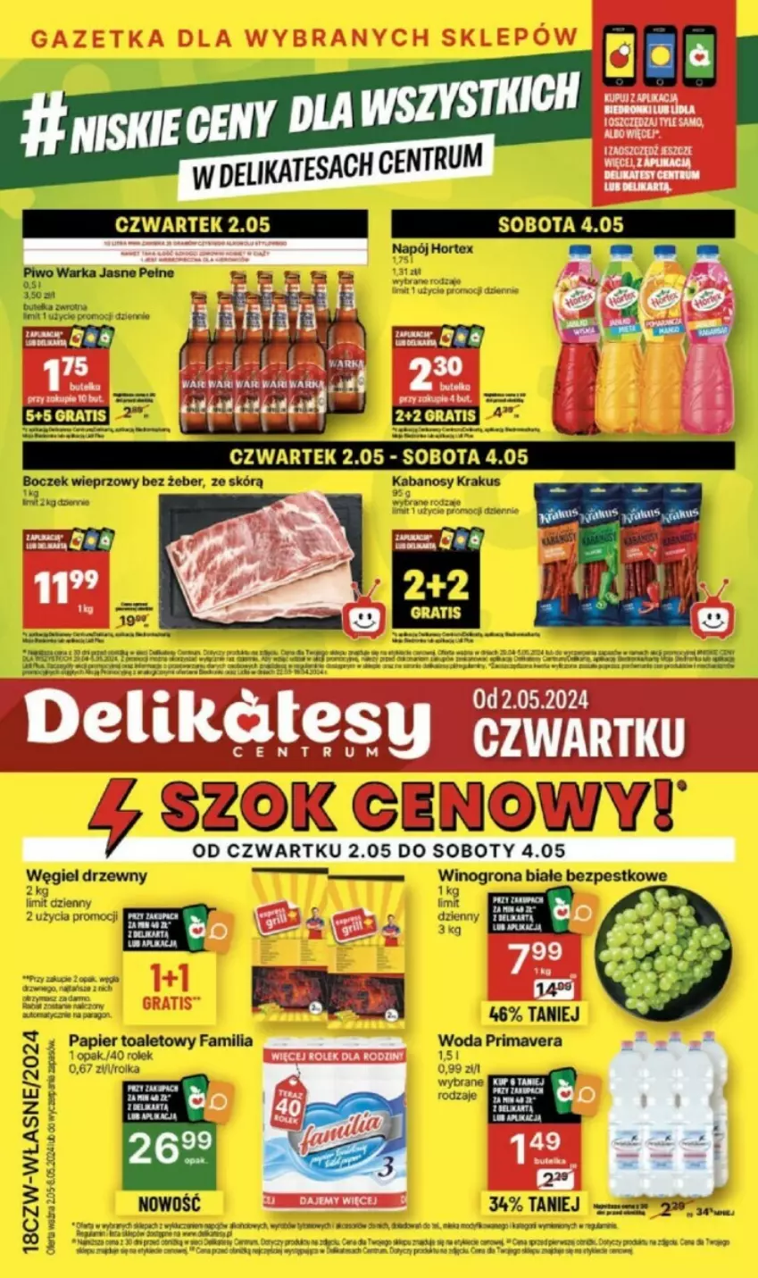 Gazetka promocyjna Delikatesy Centrum - ważna 02.05 do 08.05.2024 - strona 1 - produkty: Fa, Gra, Papier, Papier toaletowy, Prima, Primavera, Węgiel drzewny, Wino, Winogrona, Woda