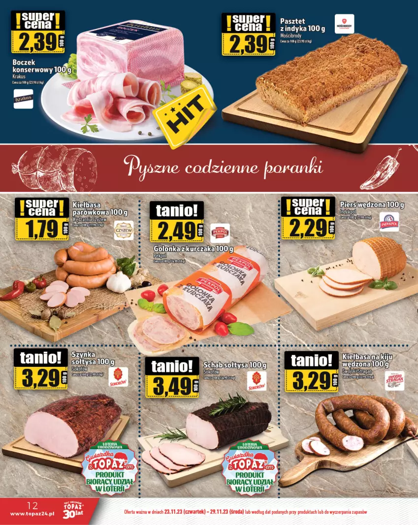 Gazetka promocyjna Topaz - Gazetka - ważna 23.11 do 29.11.2023 - strona 12 - produkty: Gin, Kiełbasa, Krakus, Pasztet, Ser, Szynka