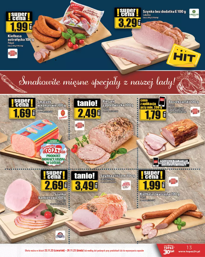 Gazetka promocyjna Topaz - Gazetka - ważna 23.11 do 29.11.2023 - strona 13 - produkty: Boczek, Cars, Kiełbasa, Szynka