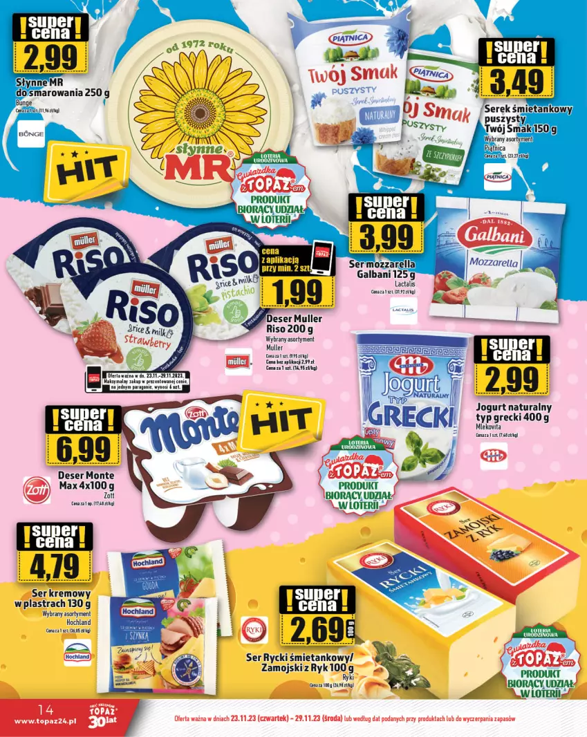 Gazetka promocyjna Topaz - Gazetka - ważna 23.11 do 29.11.2023 - strona 14 - produkty: Deser, Galbani, Hochland, Jogurt, Jogurt naturalny, Mleko, Mlekovita, Monte, Mozzarella, Ser, Top, Twój Smak, Vita C, Zott