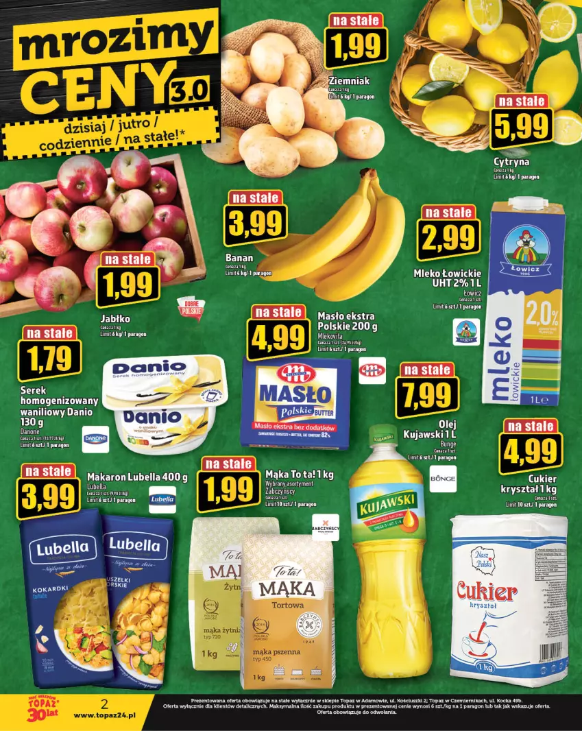 Gazetka promocyjna Topaz - Gazetka - ważna 23.11 do 29.11.2023 - strona 2 - produkty: Bell, Bella, Cukier, Danio, Danone, Kujawski, Lubella, Mąka, Makaron, Masło, Mleko, Mlekovita, Olej, Ser, Serek, Serek homogenizowany, Vita C