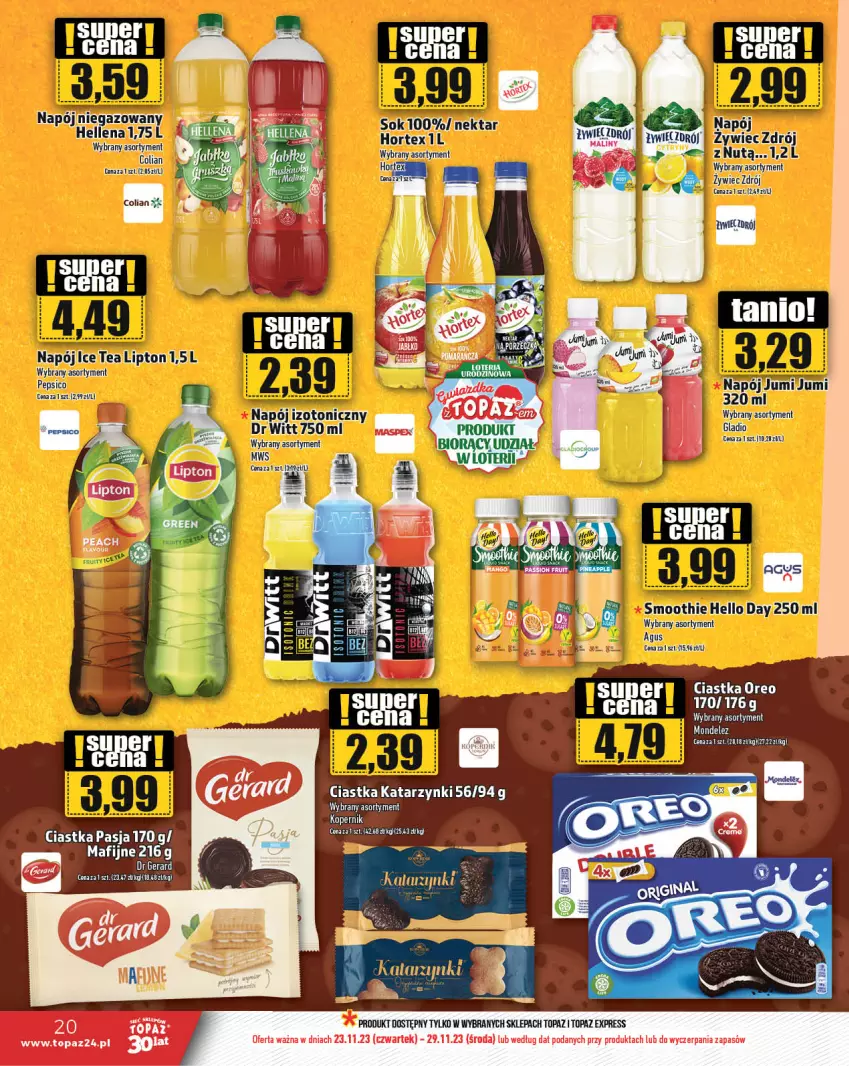 Gazetka promocyjna Topaz - Gazetka - ważna 23.11 do 29.11.2023 - strona 20 - produkty: Ciastka, Dr Gerard, Napój, Napój niegazowany, Nektar, Oreo, Top