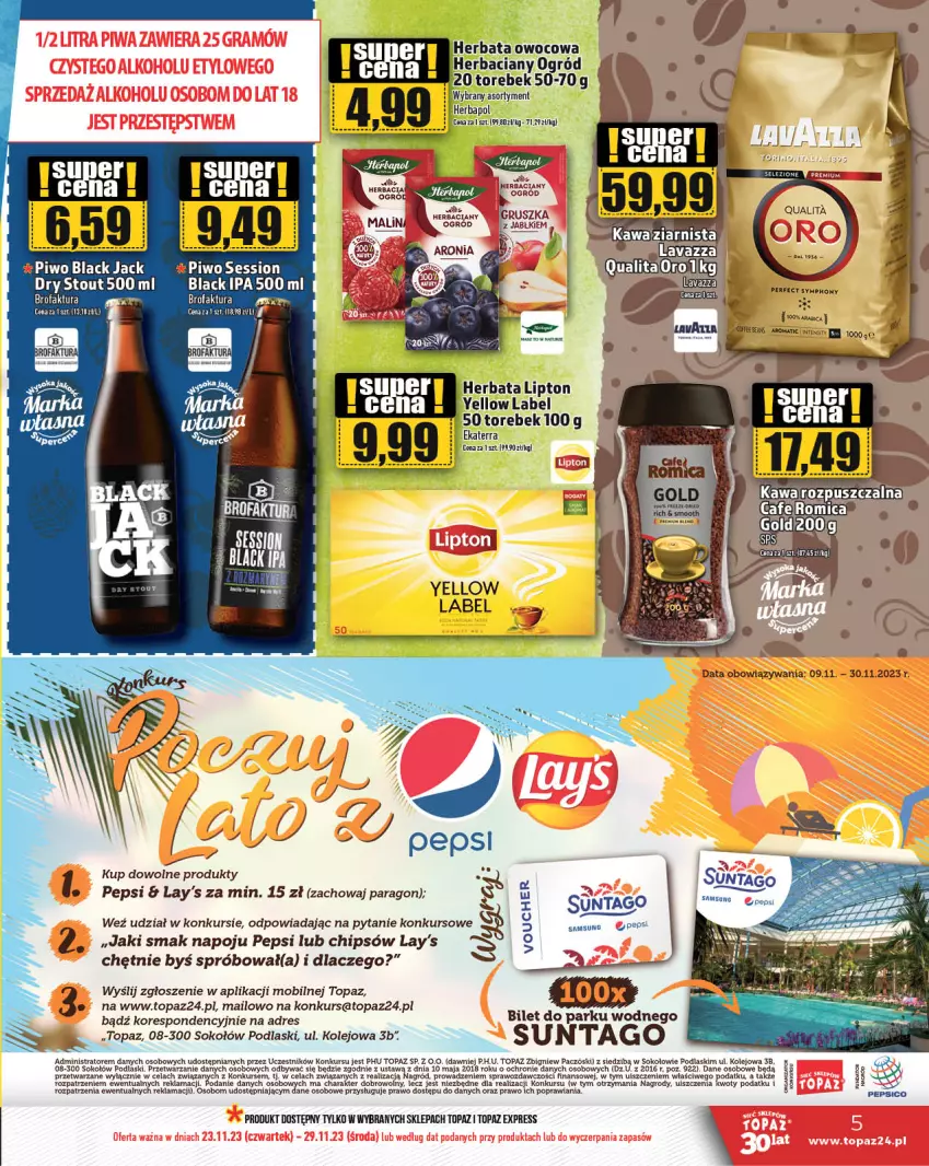 Gazetka promocyjna Topaz - Gazetka - ważna 23.11 do 29.11.2023 - strona 5 - produkty: Dres, Fa, Herbata, Kawa, Lack, Lipton, Mobil, Ogród, Olej, Pepsi, Piwo, Podlaski, SESSIO, Sok, Sokołów, Tago, Top