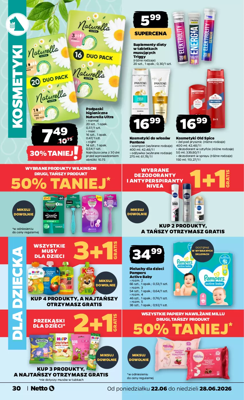 Gazetka promocyjna Netto - Od Poniedziałku - ważna 22.06 do 28.06.2026 - strona 30 - produkty: Antyperspirant, Dezodorant, Dzieci, Gra, Mus, Naturell, Naturella, Nivea, Odżywka, Old Spice, Pampers, Pantene, Papier, Pieluchy, Podpaski, Szampon, Tablet