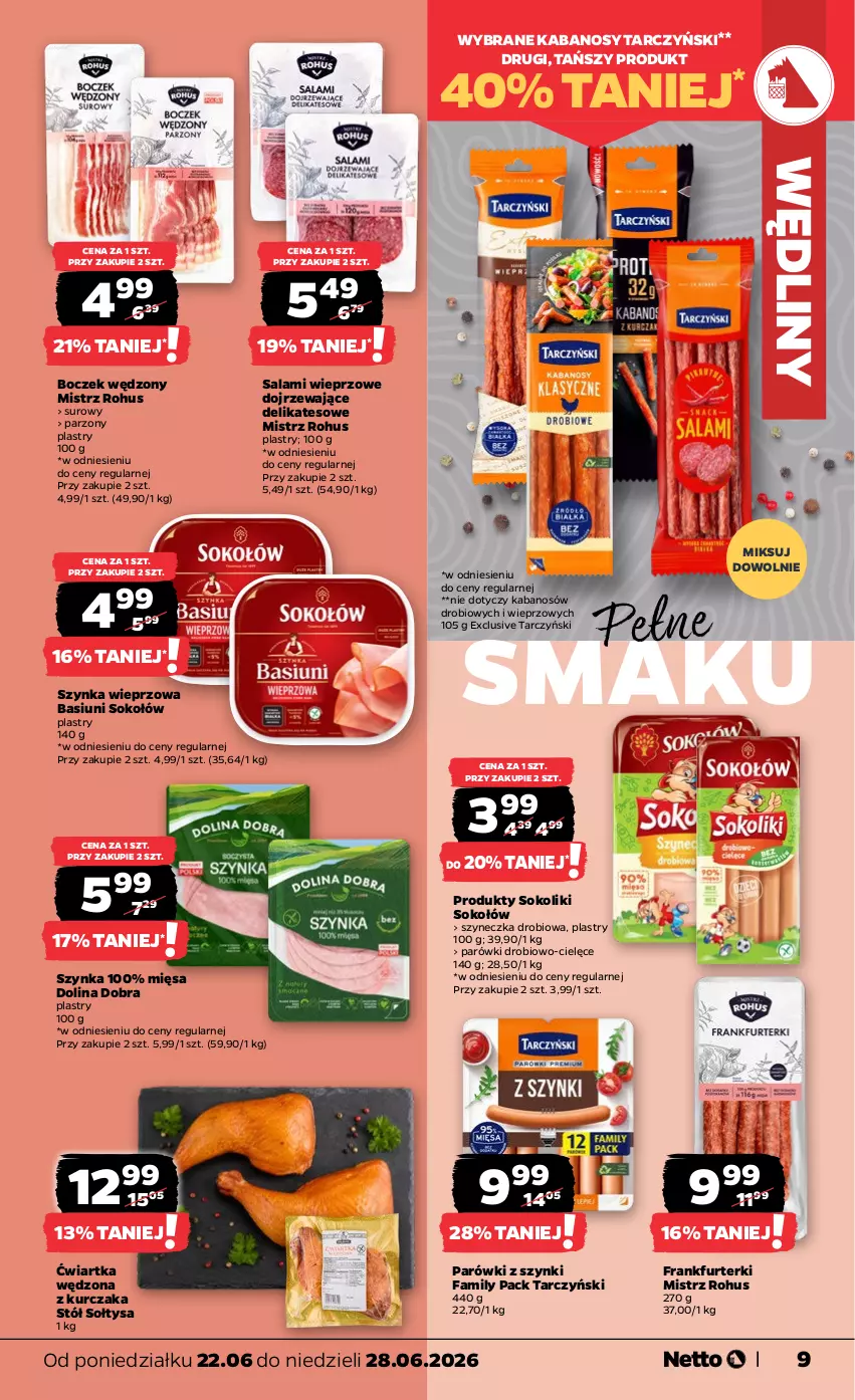 Gazetka promocyjna Netto - Od Poniedziałku - ważna 22.06 do 28.06.2026 - strona 9 - produkty: Boczek, Fa, Frankfurterki, Kabanos, Kurczak, Parówki, Parówki z szynki, Salami, Sok, Sokołów, Stół, Szynka, Szynka wieprzowa, Tarczyński