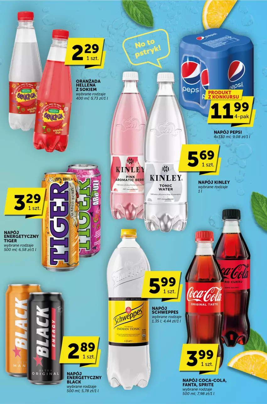 Gazetka promocyjna Groszek - ważna 29.06 do 11.07.2023 - strona 25 - produkty: Coca-Cola, Fa, Fanta, Gin, Hellena, Lack, Napój, Napój energetyczny, Oranżada, Pepsi, Schweppes, Sok, Sprite, Tiger