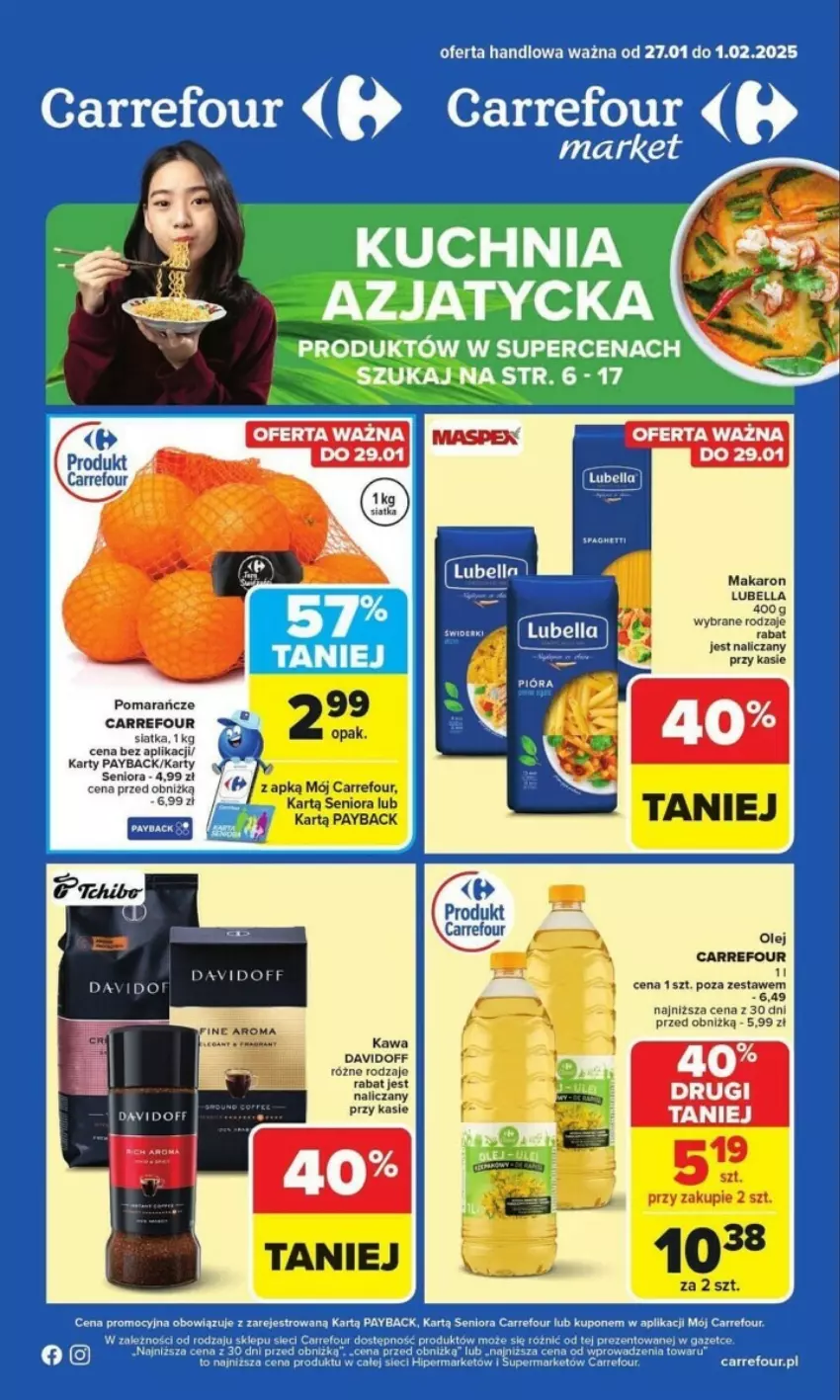 Gazetka promocyjna Carrefour - ważna 27.01 do 01.02.2025 - strona 1 - produkty: Bell, Bella, Davidoff, Kawa, Kuchnia, Lubella, Makaron, Olej, Pomarańcze, Siatka