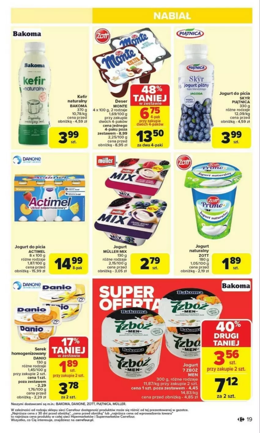 Gazetka promocyjna Carrefour - ważna 27.01 do 01.02.2025 - strona 11 - produkty: Actimel, Bakoma, Danone, Deser, Jogurt, Kefir, Kefir naturalny, Monte, Piątnica, Por, Ser, Zott