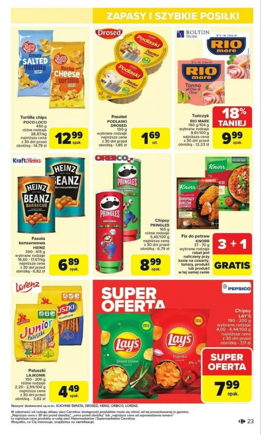 Gazetka promocyjna Carrefour - ważna 27.01 do 01.02.2025 - strona 16 - produkty: BIC, Chipsy, Fa, Fasola, Gra, Heinz, Knorr, Lajkonik, Lorenz, Pasztet, Pringles, Tortilla, Tortilla Chips, Tuńczyk