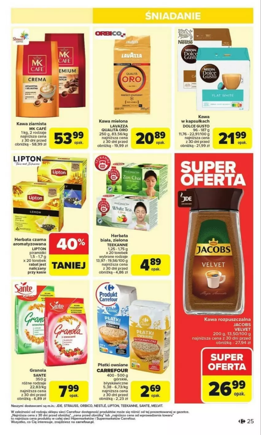 Gazetka promocyjna Carrefour - ważna 27.01 do 01.02.2025 - strona 18 - produkty: Dolce Gusto, Fa, Gra, Granola, Herbata, Herbata czarna, Kawa, Kawa mielona, Lavazza, Lipton, Melvit, Płatki owsiane, Por, Sante, Sos, Teekanne