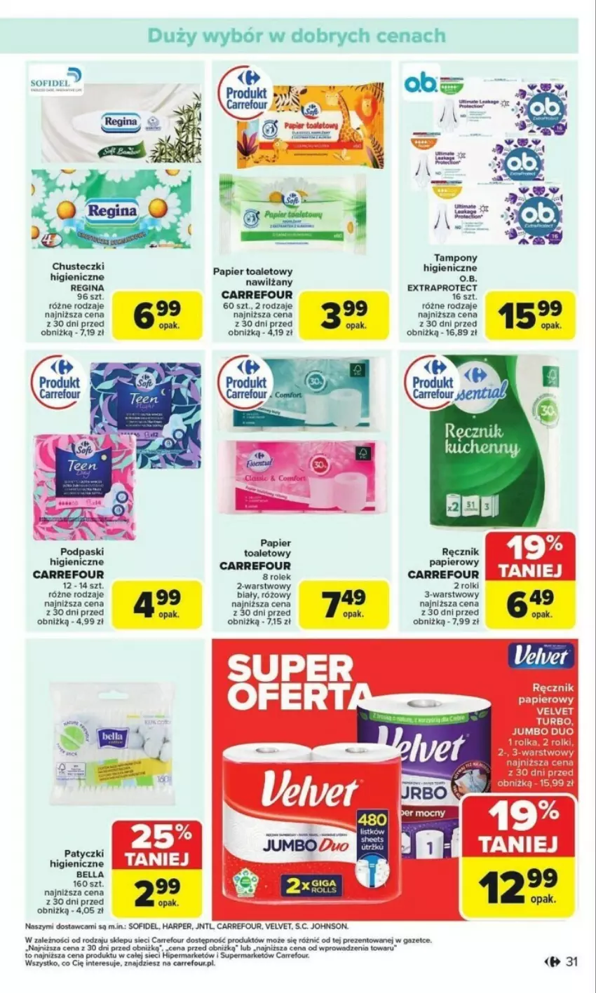 Gazetka promocyjna Carrefour - ważna 27.01 do 01.02.2025 - strona 25 - produkty: Bell, Bella, Chusteczki, Gin, Papier, Papier toaletowy, Podpaski, Por, Ręcznik, Tampony, Velvet