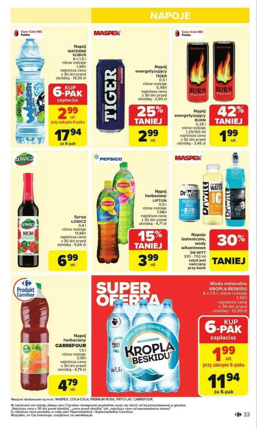 Gazetka promocyjna Carrefour - ważna 27.01 do 01.02.2025 - strona 27 - produkty: Coca-Cola, Fa, Kubuś, Lipton, Napój, Woda, Woda mineralna