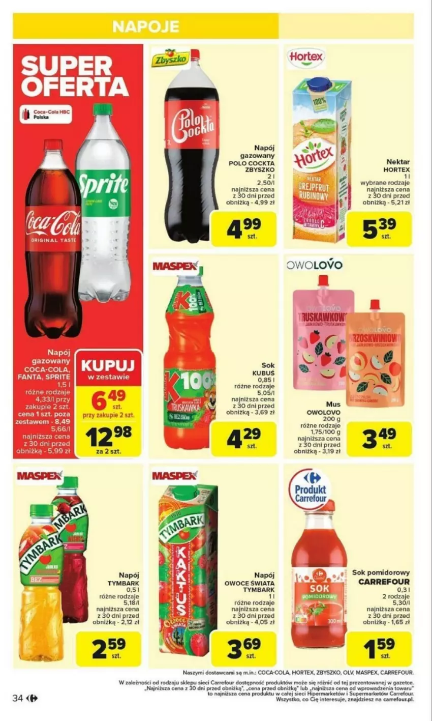 Gazetka promocyjna Carrefour - ważna 27.01 do 01.02.2025 - strona 28 - produkty: Coca-Cola, Fa, Hortex, Kubuś, Mus, Napój, Napój gazowany, Nektar, Owoce, Sok, Sok pomidorowy, Tymbark