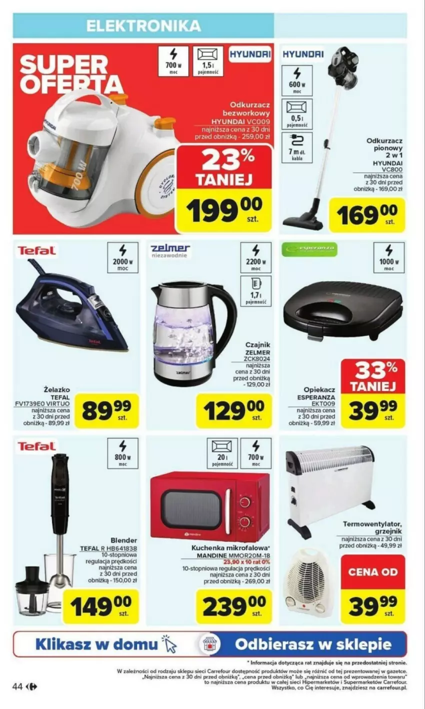 Gazetka promocyjna Carrefour - ważna 27.01 do 01.02.2025 - strona 39 - produkty: Blender, Czajnik, Fa, Grzejnik, Kuchenka mikrofalowa, Odkurzacz, Tefal, Termowentylator, Top, Virtu, Zelmer