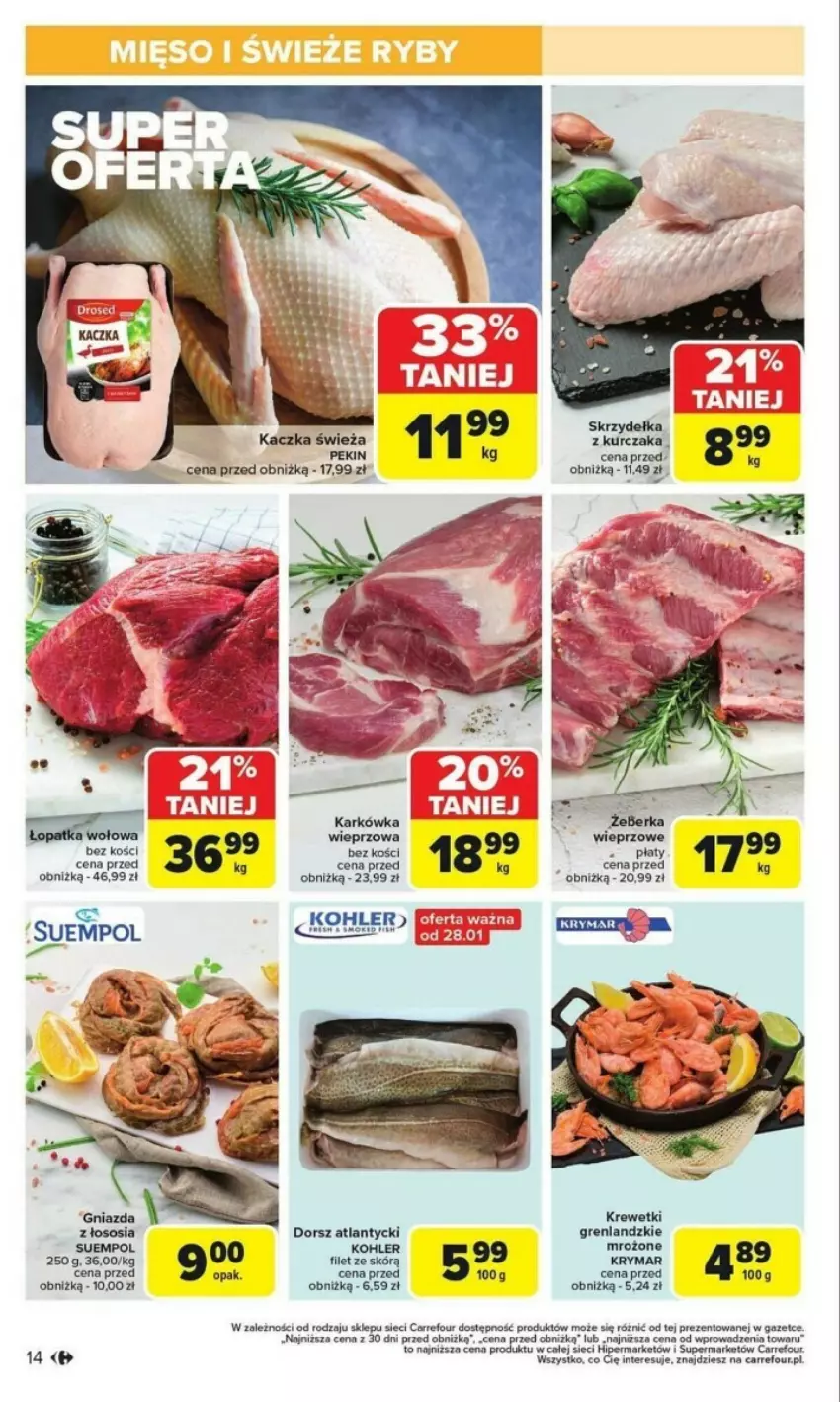 Gazetka promocyjna Carrefour - ważna 27.01 do 01.02.2025 - strona 6 - produkty: Dorsz, Fa, Kaczka, Krewetki, Kurczak, Suempol