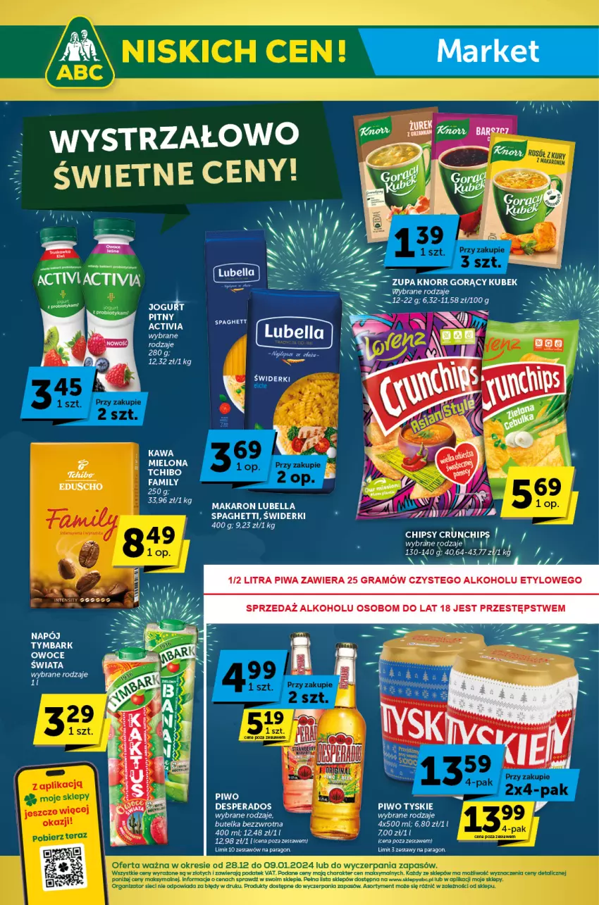 Gazetka promocyjna ABC - ważna 28.12.2023 do 09.01.2024 - strona 1 - produkty: Activia, Bell, Bella, Desperados, Fa, Gra, Lubella, Makaron, Napój, Owoce, Piwa, Piwo, Tchibo, Tymbark, Tyskie