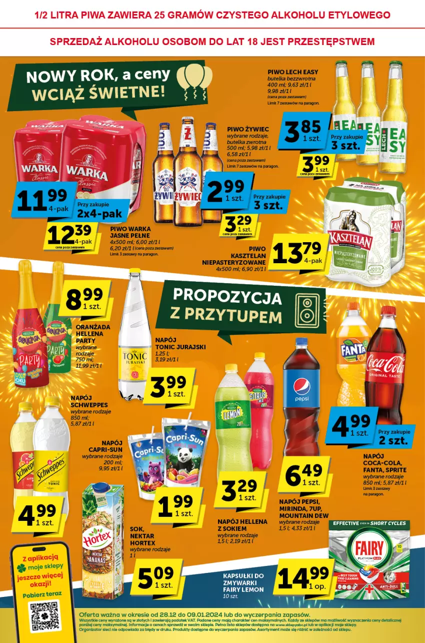 Gazetka promocyjna ABC - ważna 28.12.2023 do 09.01.2024 - strona 4 - produkty: 7up, Coca-Cola, Fa, Fairy, Fanta, Hellena, Hortex, Kasztelan, Mirinda, Napój, Nektar, Oranżada, Pepsi, Piwo, Schweppes, Sok, Sprite, Warka, Zmywarki