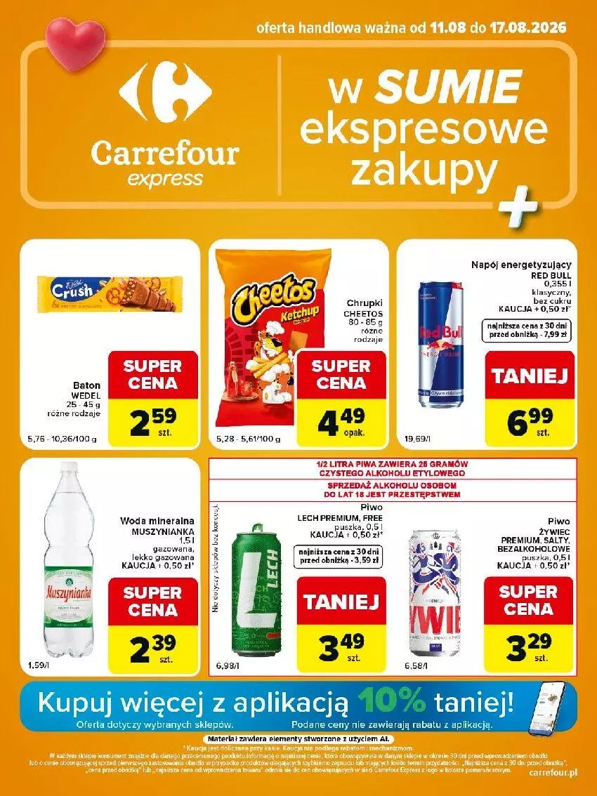 Gazetka promocyjna Carrefour - Gazetka Express w SUMIE ekspresowe zakupy - ważna 11.08 do 17.08.2026 - strona 1 - produkty: Baton, Cheetos, Chrupki, Lech Premium, Mus, Muszynianka, Napój, Piwa, Red Bull, Woda, Woda mineralna