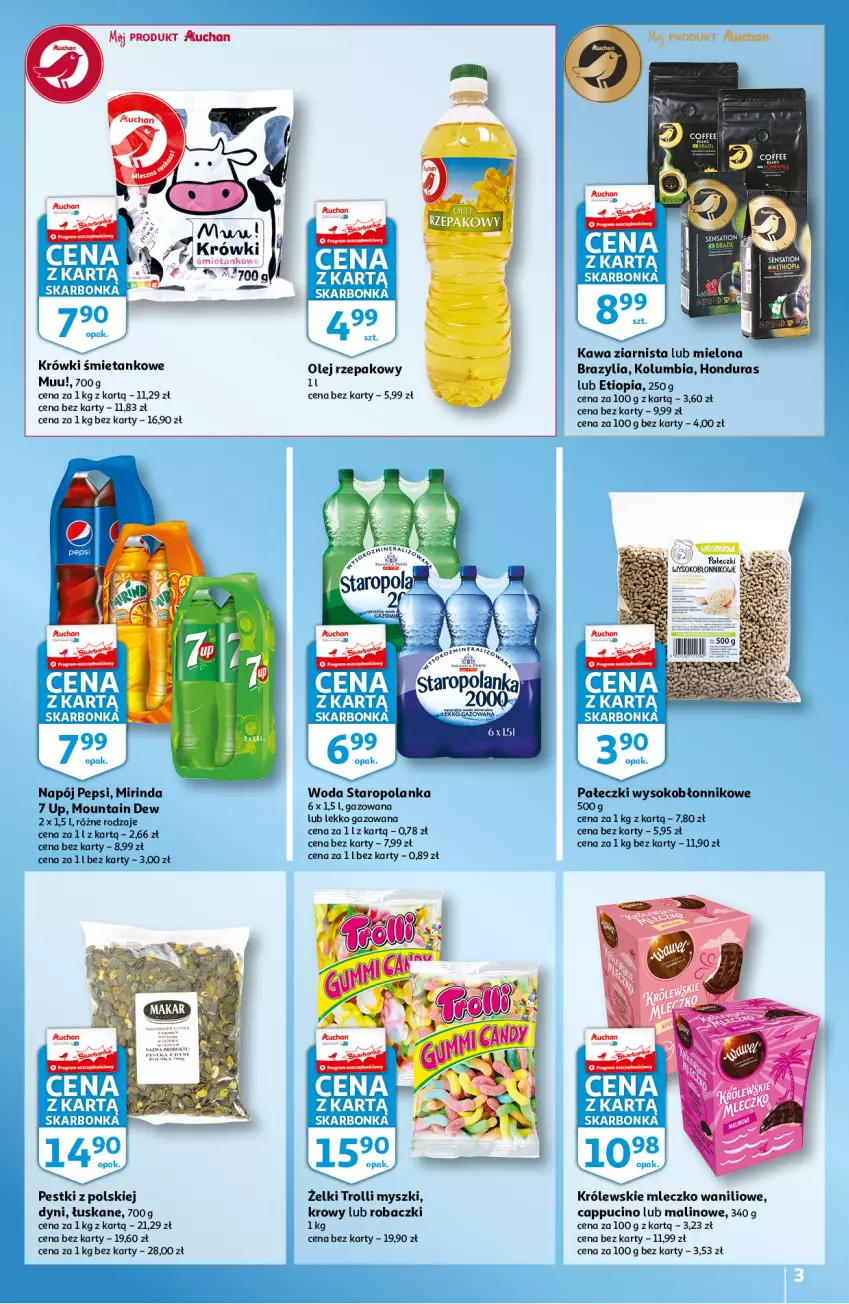 Gazetka promocyjna Auchan - Skarbonka #39 - ważna 30.09 do 06.10.2021 - strona 3 - produkty: Kawa, Kawa ziarnista, Królewski, Królewskie Mleczko, Mirinda, Mleczko, Mysz, Napój, Olej, Olej rzepakowy, Pepsi, Sok, Staropolanka, Woda