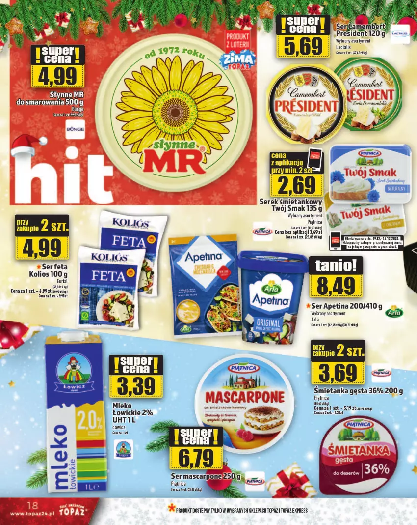 Gazetka promocyjna Topaz - Gazetka - ważna 19.12 do 25.12.2024 - strona 18 - produkty: Amica, Camembert, Fa, Feta, Gin, LG, Mascarpone, NBA, Piątnica, Piec, Ser, Serek, Top, Twój Smak