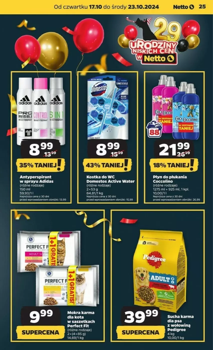 Gazetka promocyjna Netto - ważna 17.10 do 23.10.2024 - strona 18 - produkty: Adidas, Antyperspirant, Coccolino, Domestos, Fa, Mokra karma, Olej, Pedigree, Płyn do płukania, Sucha karma