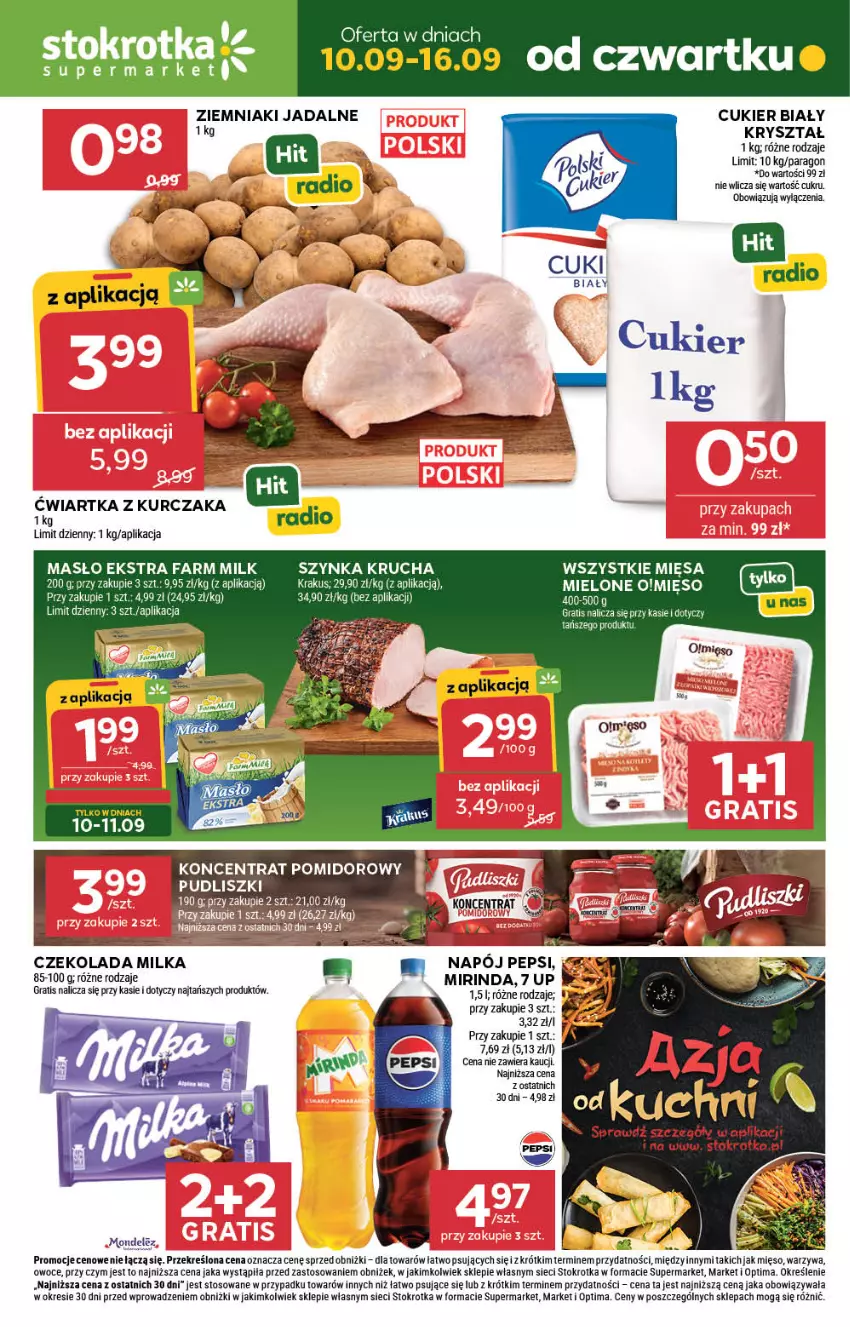 Gazetka promocyjna Stokrotka - Supermarket - ważna 10.09 do 16.09.2026 - strona 1 - produkty: Cukier, Czekolada, Gra, Koncentrat pomidorowy, Kurczak, Mięso, Milka, Mirinda, Napój, Optima, Owoce, Pepsi, Pudliszki, Warzywa, Ziemniaki