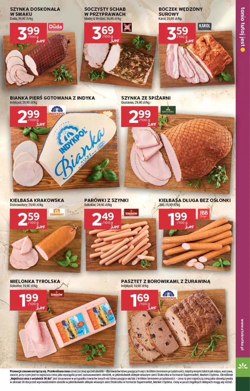 Gazetka promocyjna Stokrotka - Supermarket - ważna 10.09 do 16.09.2026 - strona 15 - produkty: Bianka, Boczek, Duda, Kiełbasa, Mielonka tyrolska, Mięso, Optima, Owoce, Parówki, Parówki z szynki, Pasztet, Sok, Sokołów, Szynka, Warzywa