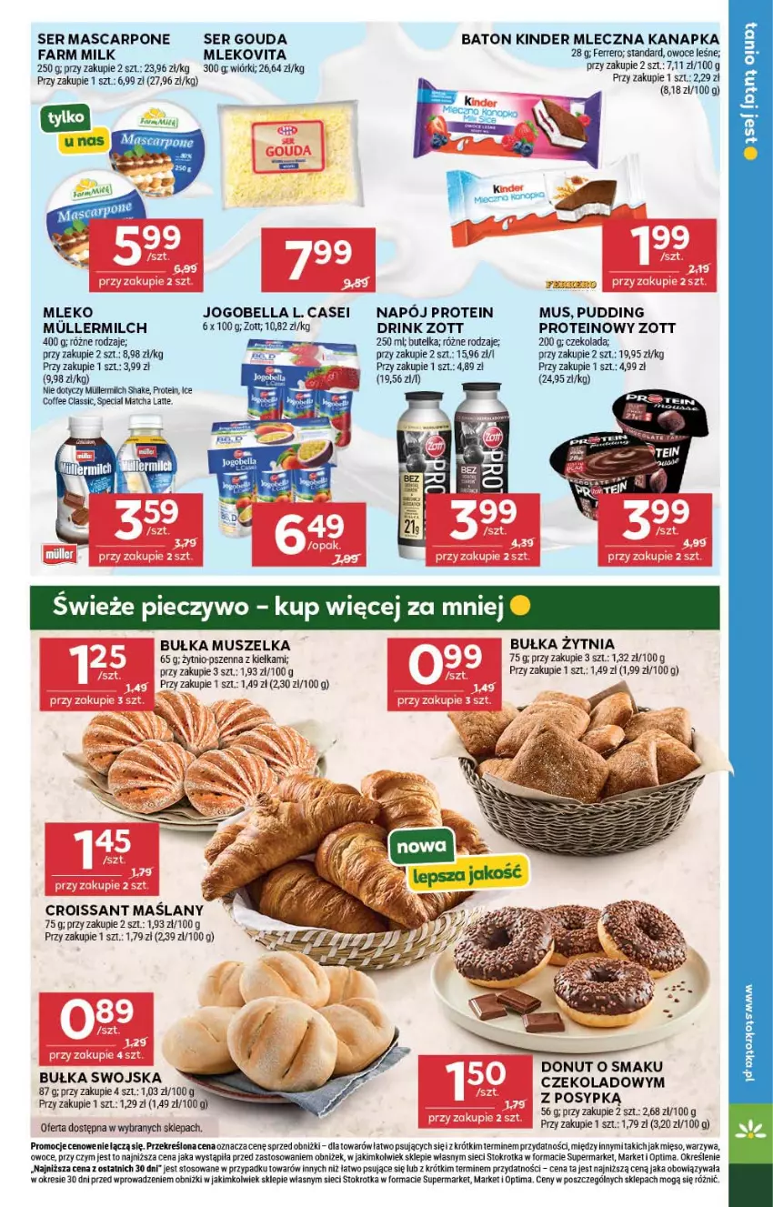 Gazetka promocyjna Stokrotka - Supermarket - ważna 10.09 do 16.09.2026 - strona 17 - produkty: Baton, Bell, Bella, Bułka, Croissant, Czekolada, Donut, Fa, Farm Milk, Ferrero, Gouda, Jogobella, Kinder, Mascarpone, Mięso, Mleczna kanapka, Mleko, Mlekovita, Mus, Napój, Optima, Owoce, Pudding, Ser, Warzywa, Zott