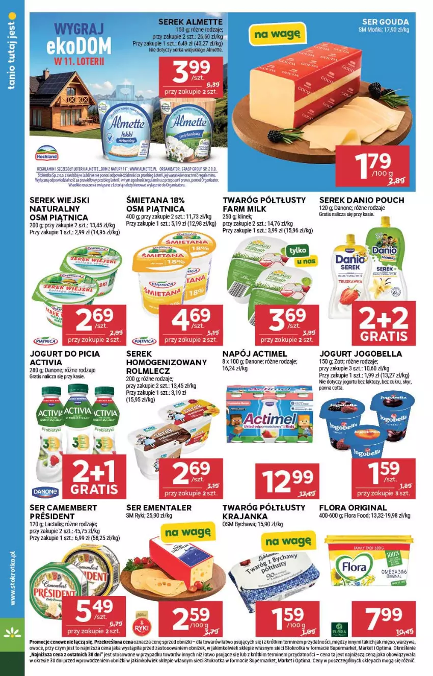 Gazetka promocyjna Stokrotka - Supermarket - ważna 10.09 do 16.09.2026 - strona 22 - produkty: Actimel, Activia, Almette, Bell, Bella, Camembert, Danio, Danone, Ementaler, Fa, Farm Milk, Flora, Gin, Gouda, Gra, Jogobella, Jogurt, Mięso, Napój, Optima, Owoce, Piątnica, Rolmlecz, Ser, Serek, Serek wiejski, Twaróg, Twaróg półtłusty, Warzywa, Zott