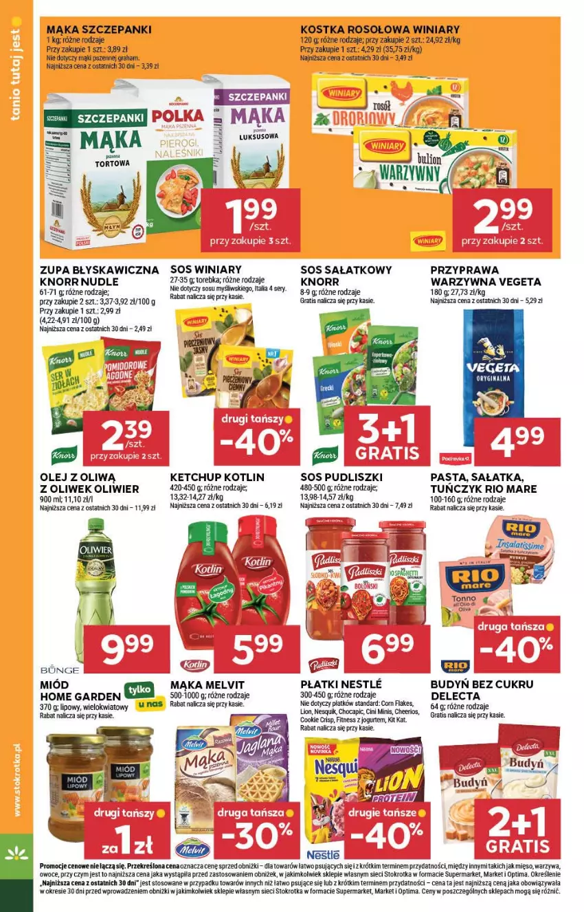 Gazetka promocyjna Stokrotka - Supermarket - ważna 10.09 do 16.09.2026 - strona 28 - produkty: Budyń, Cheerios, Cini Minis, Corn flakes, Delecta, Gin, Gra, Jogurt, Ketchup, Kit Kat, Knorr, Kotlin, Lion, Mąka, Melvit, Mięso, Miód, Nesquik, Olej, Optima, Owoce, Pudliszki, Rio Mare, Rosół, Sałat, Sałatka, Ser, Sos, Torebka, Vegeta, Warzywa, Winiary, Zupa