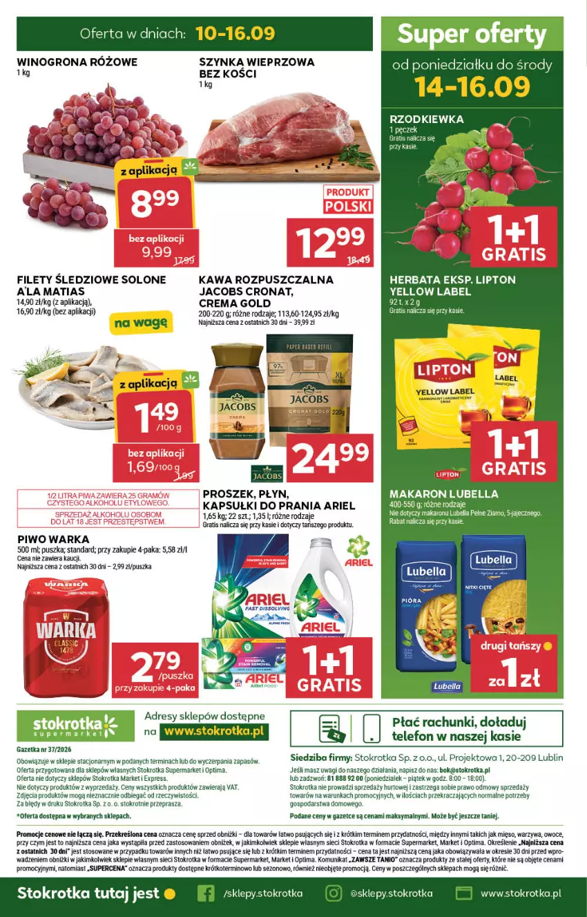Gazetka promocyjna Stokrotka - Supermarket - ważna 10.09 do 16.09.2026 - strona 42 - produkty: Ariel, Bell, Bella, Dres, Fa, Gra, Herbata, Jacobs, Kapsułki do prania, Kawa, Kawa rozpuszczalna, Lipton, Lubella, Makaron, Mięso, O nas, Optima, Owoce, Piwo, Rzodkiewka, Szynka, Szynka wieprzowa, Telefon, Wagi, Warka, Warzywa, Wino, Winogrona