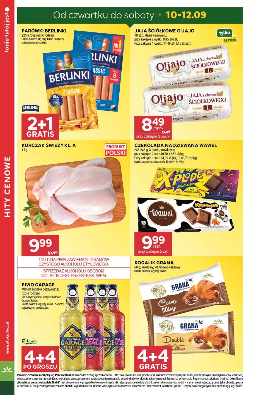 Gazetka promocyjna Stokrotka - Supermarket - ważna 10.09 do 16.09.2026 - strona 6 - produkty: Berlinki, Czekolada, Czekolada nadziewana, Gra, Jaja, Kakao, Kurczak, Mięso, Optima, Owoce, Parówki, Piwa, Piwo, Rogal, Warzywa, Wawel