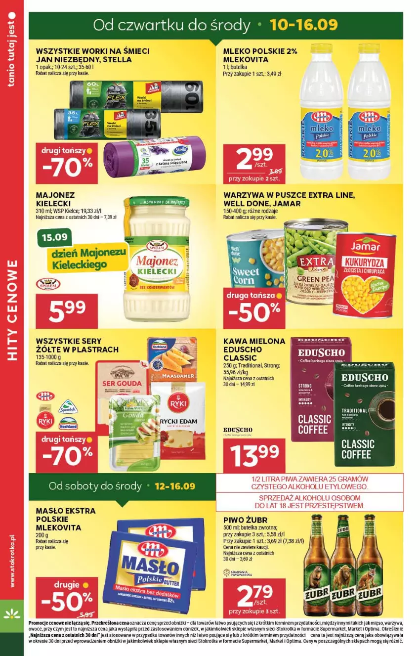 Gazetka promocyjna Stokrotka - Supermarket - ważna 10.09 do 16.09.2026 - strona 8 - produkty: Edam, Jan Niezbędny, Kawa, Kawa mielona, Majonez, Masło, Mięso, Mleko, Mlekovita, Optima, Owoce, Piwo, Ser, Warzywa, Worki na śmiec, Worki na śmieci