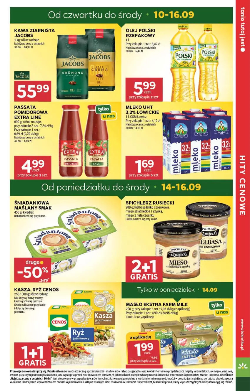 Gazetka promocyjna Stokrotka - Supermarket - ważna 10.09 do 16.09.2026 - strona 9 - produkty: Cenos, Danio, Fa, Farm Milk, Gra, Jacobs, Kasza, Kawa, Kawa ziarnista, Kiełbasa, Masło, Mięso, Mleko, Olej, Optima, Owoce, Ryż, Spichlerz Rusiecki, Warzywa