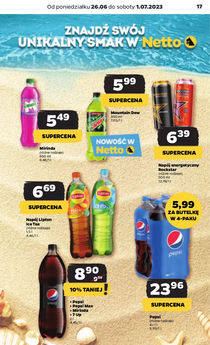 Gazetka promocyjna Netto - Artykuły spożywcze - ważna 26.06 do 01.07.2023 - strona 17 - produkty: Ice tea, Lipton, Mirinda, Napój, Napój energetyczny, Pepsi, Pepsi max